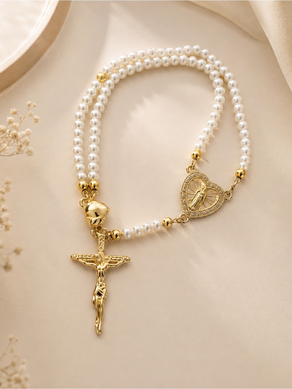 Gold & White Pearl Rosary Bracelet with Crucifix